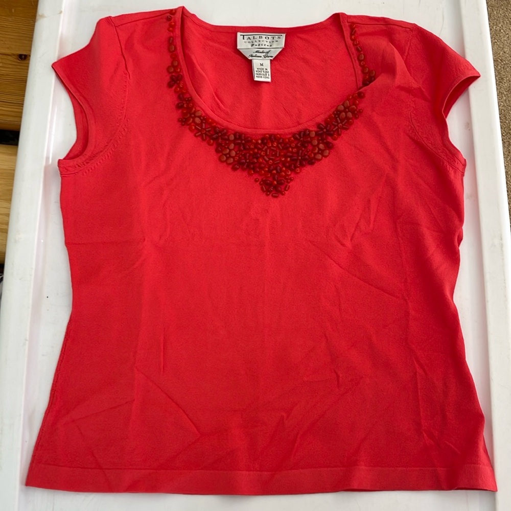 Talbots collection petites. Cute, stretchy t shirt with beaded flower neckline